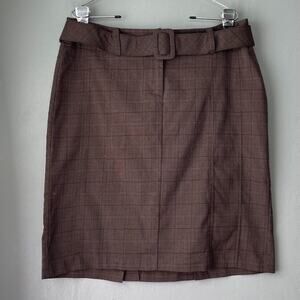 Studio Y Pencil Skirt Size 13 14 Belted Academia Brown Plaid Classic Preppy Twee
